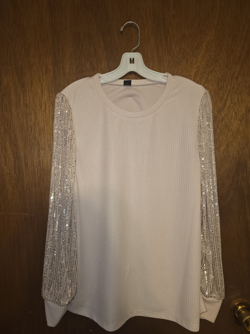 SHEIN Sequin-Trim Ribbed Crewneck Top - Blush